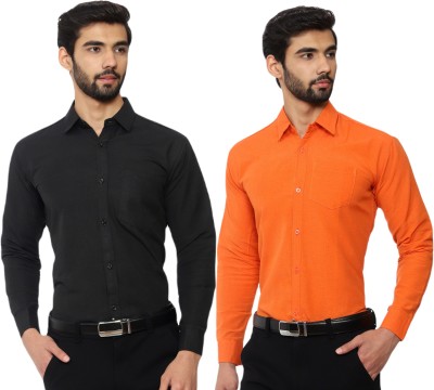 KOSZULE Men Solid Formal Black, Orange Shirt(Pack of 2)