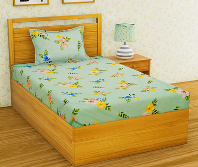 220 TC Cotton Single Floral Bedsheet(Pack of 1, Green)