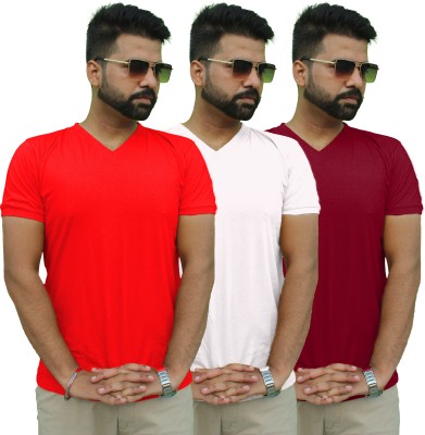 Mr Lier Solid Men V Neck Red, White, Maroon T-Shirt