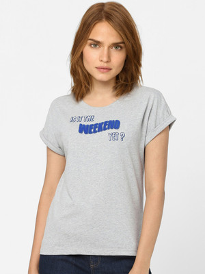 VERO MODA Printed Women Round Neck Grey T-Shirt