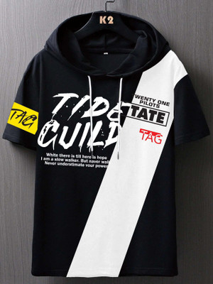 SCATCHITE Printed Men Hooded Neck Black T-Shirt