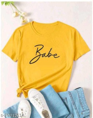 Datalact Printed Women Round Neck Yellow T-Shirt