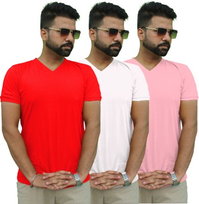 Mr Lier Solid Men V Neck Red, White, Pink T-Shirt