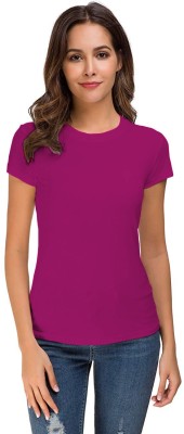 THE BLAZZE Solid Women Round Neck Purple T-Shirt