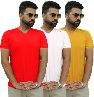 Mr Lier Solid Men V Neck Red, White, Yellow T-Shirt