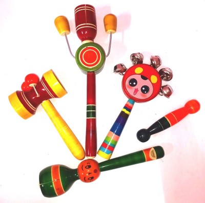 Toys Ka Story Eco-friendly Wooden Set of 5 colorful kids/ baby Rattle(Multicolor)