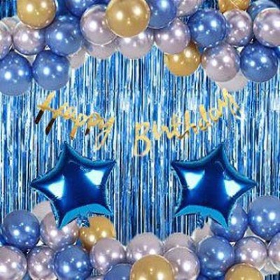 Jolly Party Blue Golden Silver Happy Birthday theme combo with Banner, Balloons, star foil(Set of 41)