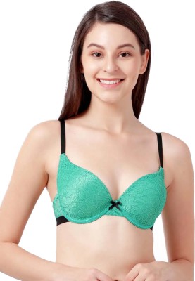 Susie Susie Everyday Demi-Coverage Underwired Black Lace Padded Plunge bra-Green Women Balconette Lightly Padded Bra(Green)