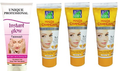 UNIQUE PROFESSIONAL INSTANT GLOW FACE WASH 100 ML + HALDI CHANDAN TURMERIC CREAM 50 GR PACK OF 3(4 Items in the set)