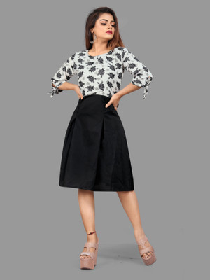 LOZZBY Women A-line White, Black Knee Length Dress