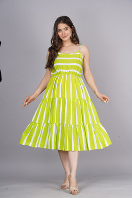 Bhawanaprint Women Fit and Flare Light Green Below Knee Dress