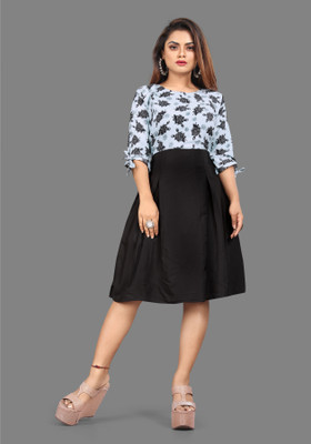 LOZZBY Women A-line Blue, Black Knee Length Dress
