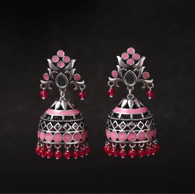 Voylla Rangabati Pink Embellished Oxidised Silver Enamel Pearl Brass Jhumki Earring
