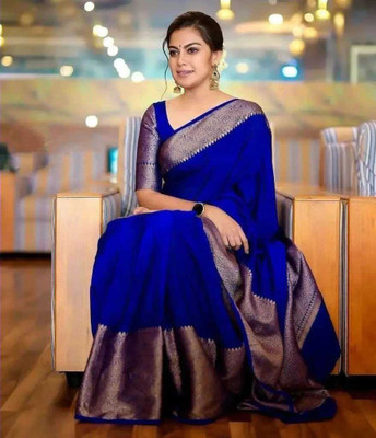 antra creation Self Design Banarasi Cotton Silk Saree(Blue)