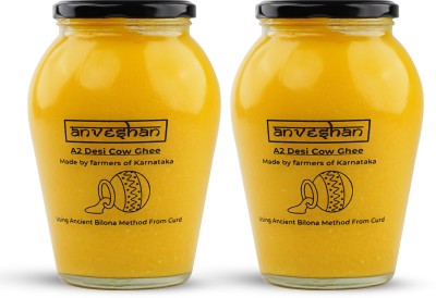 Anveshan A2 Ghee Made From Desi Cow Milk by Traditional Hand Churning Bilona Method (1L Jars) Ghee Mason Jar(2000 ml, Pack of 2)