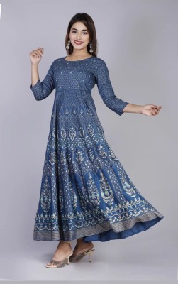 Kuber taxtile Anarkali Gown(Gold, Green, Dark Blue)