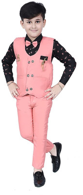 24era Boys Festive & Party Shirt, Waistcoat and Pant Set(Pink Pack of 1)