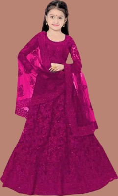 NEw BHARAT SALES Girls Lehenga Choli Party Wear Embroidered Lehenga, Choli and Dupatta Set(Purple, Pack of 1)