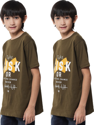 Trendy World Boys Typography Pure Cotton Regular T Shirt(Green, Pack of 2)