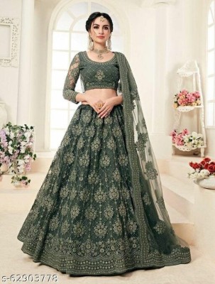 ROKKLIKE Embroidered, Embellished, Self Design, Leheriya Semi Stitched Lehenga Choli(Green)