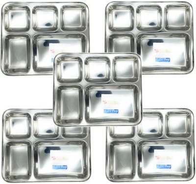 HUSHBEE Stainless Steel 5 Compartments Rectangular Kitchen & Bhojan Thali Dinner Plate Sectioned Plate(Pack of 5)