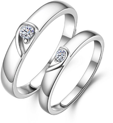 University Trendz Adjustable Silver Plated Couple Heart Shaped Ring Copper Cubic Zirconia Silver Plated Ring Set