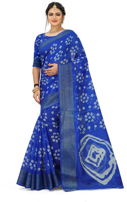 Grubstaker Printed Bandhani Cotton Silk Saree(Blue)