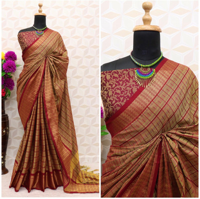 Juhi Collection Self Design, Temple Border, Striped, Woven, Solid/Plain Bollywood Jacquard, Cotton Silk Saree(Brown)