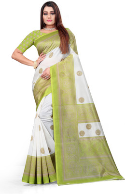 VCREATION Printed Assam Silk Art Silk Saree(Green)
