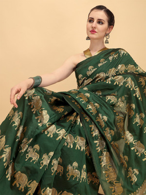 Sangria Self Design Banarasi Silk Blend Saree(Green)