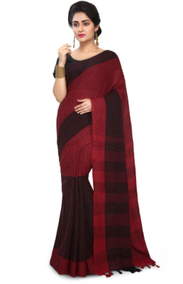 Mystory Self Design Tant Cotton Blend Saree(Red, Black)