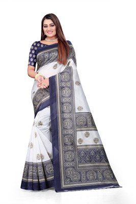 Grubstaker Printed Assam Silk Art Silk Saree(Blue)