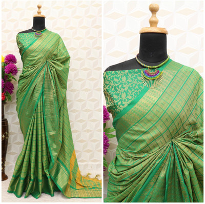 VRINDITA FASHION Self Design, Temple Border, Striped, Woven, Solid/Plain Bollywood Jacquard, Cotton Silk Saree(Green)