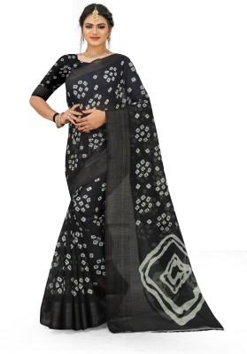 Marabout Printed Bandhani Cotton Silk Saree(Black)