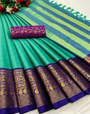 Juhi Collection Self Design, Temple Border, Striped, Woven, Solid/Plain Bollywood Jacquard, Cotton Silk Saree(Dark Green)