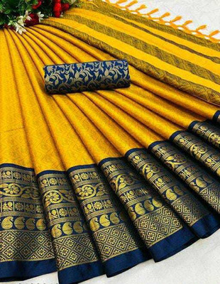 VRINDITA FASHION Self Design, Temple Border, Striped, Woven, Solid/Plain Dharmavaram Jacquard, Cotton Silk Saree(Yellow)