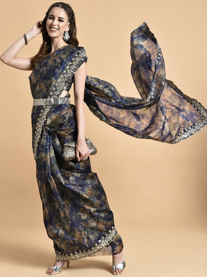 Sangria Embellished Bollywood Organza Saree(Dark Blue)