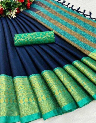 Juhi Collection Self Design, Temple Border, Striped, Woven, Solid/Plain Bollywood Jacquard, Cotton Silk Saree(Blue)