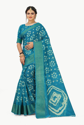 Grubstaker Printed Bandhani Cotton Silk Saree(Blue)