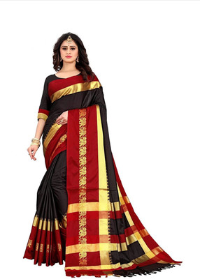 Vishal Creations Printed Assam Silk Cotton Silk Saree(Red, Black)