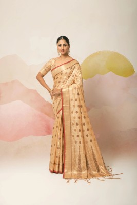 ishika fab Embroidered, Woven Banarasi Cotton Blend Saree(Beige)