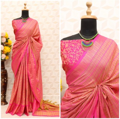 VRINDITA FASHION Self Design, Temple Border, Striped, Woven, Solid/Plain Bollywood Jacquard, Cotton Silk Saree(Pink)