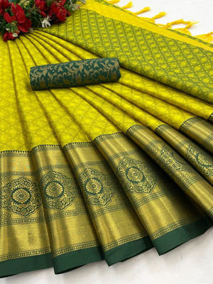 VRINDITA FASHION Self Design, Temple Border, Striped, Woven, Solid/Plain Bollywood Jacquard, Cotton Silk Saree(Yellow)