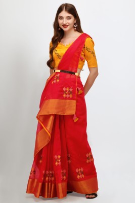 BATHANI CREATION Embroidered Mysore Cotton Linen Saree(Red)