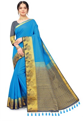 ARNOYA CREATION Woven Banarasi Cotton Silk Saree(Light Blue, Blue)