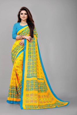 CHOICEIT Printed Bandhani Georgette Saree(Yellow, Light Green)