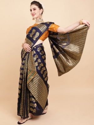 Sangria Woven Assam Silk Silk Blend Saree(Blue)