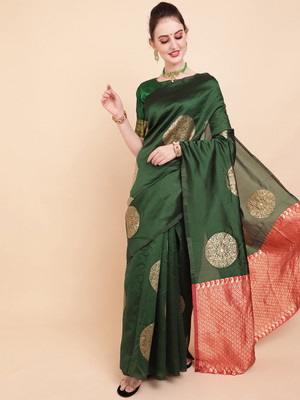 Sangria Self Design Banarasi Silk Blend Saree(Dark Green)