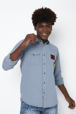 FOREVER 21 Men Solid Casual Blue Shirt