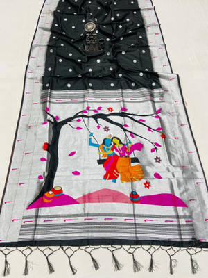 LeeliPeeri Designer Woven Paithani Silk Blend Saree(Black)